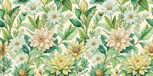 A lush floral pattern featuring cream and white flowers surrounded by green foliage.