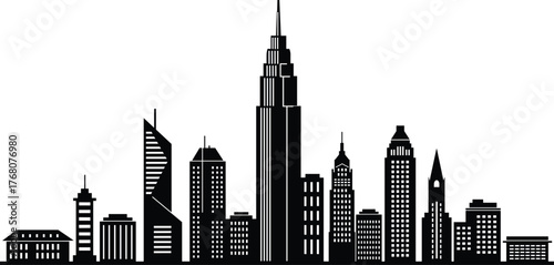 Modern city skyline silhouette with tall skyscrapers and urban buildings, architectural cityscape design, black and white illustration for business background