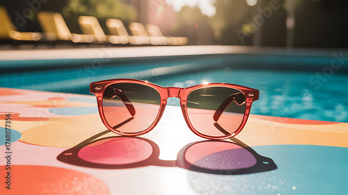 Red Sunglasses by a Swimming Pool on a Sunny Day eyewear accessory