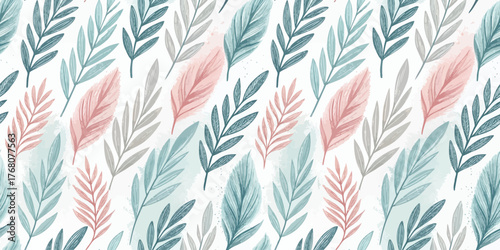 Beautiful botanical pattern featuring soft pastel leaves in shades of pink, green, and gray.