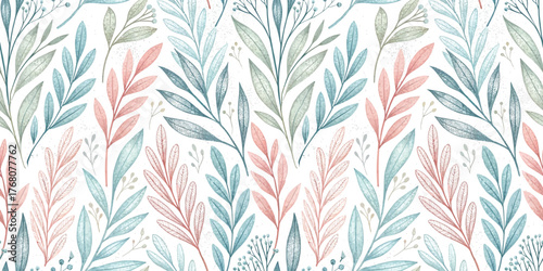 Colorful botanical pattern featuring delicate leaves and flowers in soft pastel hues.
