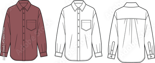 Long sleeve button-up shirt technical drawing, front and back view, fashion CAD sketch, garment design vector, apparel illustration, cad drawing flat vector illustration