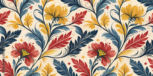 Vibrant floral pattern featuring yellow, red, and blue flowers against a cream background.