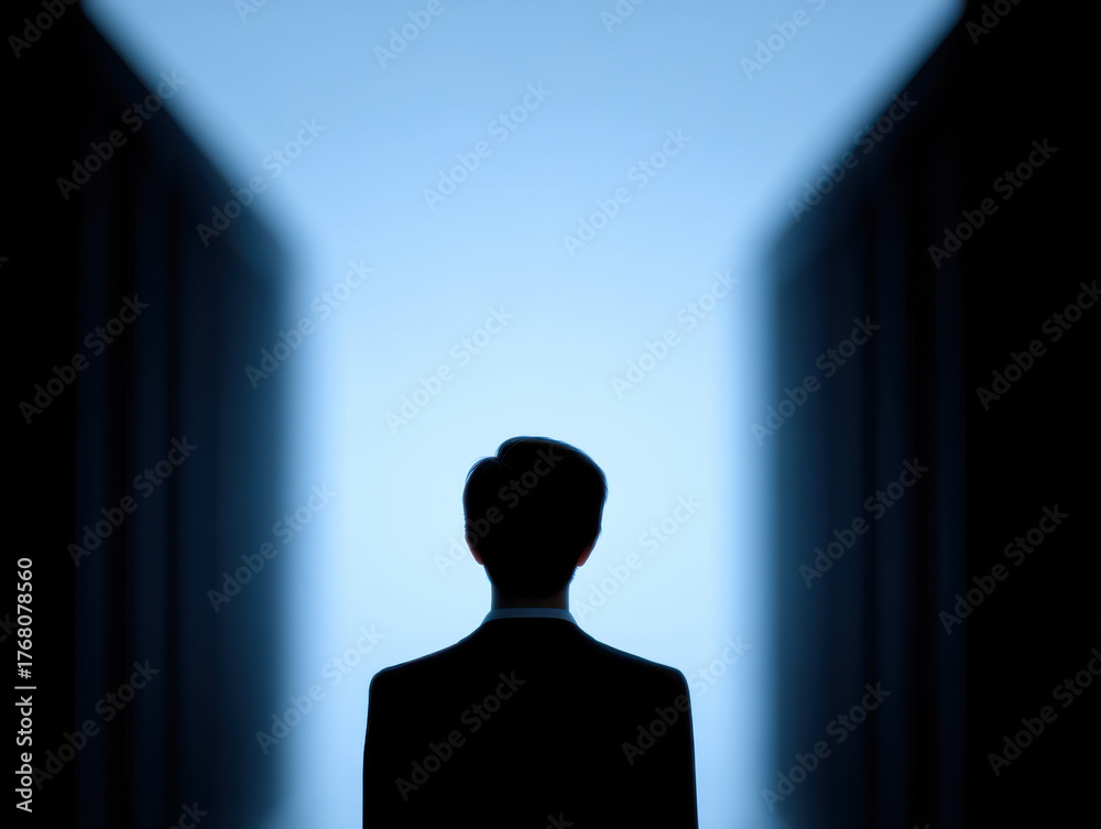 Fototapeta premium Silhouette of man standing inside data center corridor with tall server racks on both sides under blue light