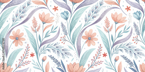 A delicate floral pattern featuring pastel flowers and greenery, evoking a tranquil and charming mood.