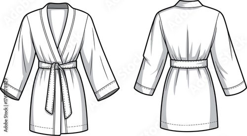 White bathrobe technical sketch, belted wrap-around robe with shawl collar, flat vector CAD fashion illustration template, front back view