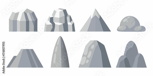 Collection of stylized flat design mountains and rocks in various shapes and sizes