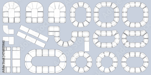 Collection of modular sectional sofa elements and configurations shown from a top down view