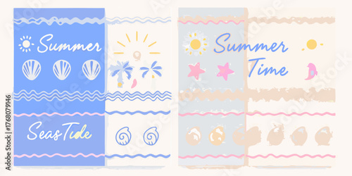 Charming summer and sea tide themed illustrations with seashells palm trees and sun graphics