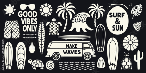 Retro surf van and beach elements collection with good vibes only and surf and sun text