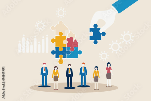 Business team assembling a complex puzzle with a helping hand and data visualization elements