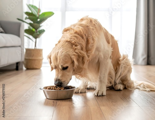A golden-colored dog eats from a metal bowl on wooden floor