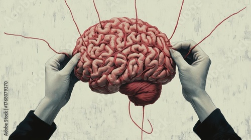 Hands carefully stitching a large human brain with red threads symbolizing delicate mental work or psychological repair