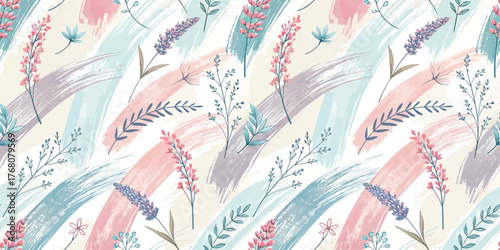 Colorful floral pattern with soft pastel hues and artistic brush strokes.