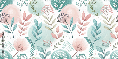 Delicate pastel floral pattern featuring leaves and blossoms on a soft background.