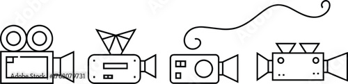 Flat Linear Style Vector Collection of Four Video Camera Icons for Film-Making, Media Production, Recording Equipment, CAD Drawing Illustration Use
