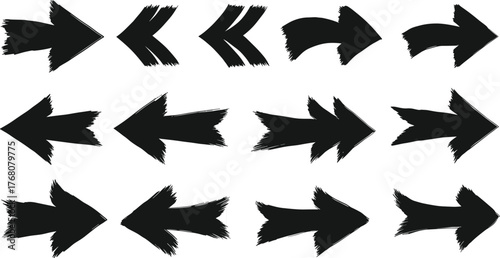 Creative grunge brush arrow set collection black hand drawn direction symbols vector illustration for design elements and navigation decoration isolated