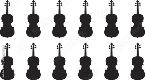 Twelve Black Violin Silhouettes Musical Instrument Vector Pattern for Music, Orchestration, CAD Drawing, Design, Education, Puzzle, and Identification Use