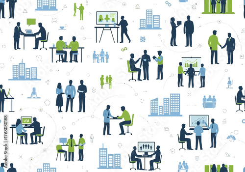 Business people in various office settings collaborate and communicate effectively