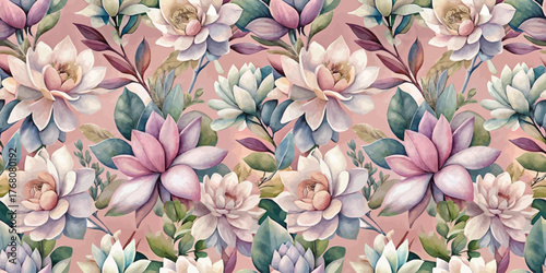 A vibrant floral pattern featuring pink and white lotus flowers on a soft pastel background.
