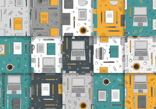 Seamless pattern featuring office supplies like laptops notebooks and stationery items