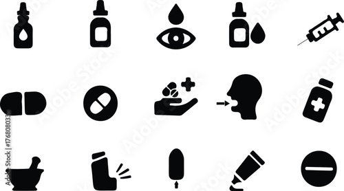 This image shows a set of medical or healthcare-related icons. The icons depict items such as eye drops, a medicine bottle, a pill, a hand holding tablets with a medical cross, and a person taking.