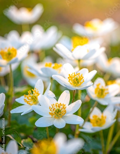 Delicate white flowers with yellow centers, bathed in soft sunlight