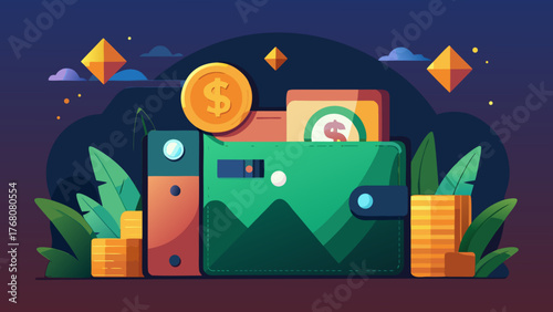 Illustration of a wallet with coins and credit cards
