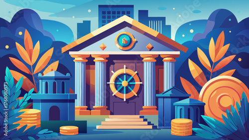 Illustration of a bank building with coins and plants