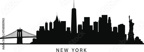 New York City skyline silhouette with Statue of Liberty and Brooklyn Bridge, modern urban architecture vector for travel and design projects