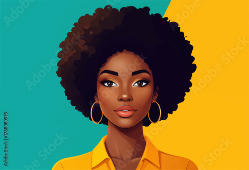 African American woman with afro hairstyle, vibrant yellow shirt, bold hoop earrings, modern graphic portrait against teal and orange background