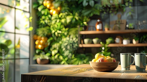 Wallpaper Mural Modern biophilic kitchen with a fresh fruit bowl on a wooden table. Blurred vertical garden green wall and warm morning sunlight. Concept of healthy eating and sustainable lifestyle. Torontodigital.ca