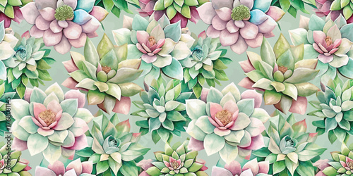 A vibrant pattern of lush, watercolor succulents in soft pastel shades.
