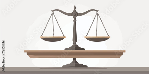 Balanced justice scale illustration, minimalist legal symbol, isolated on white background