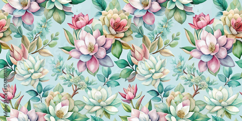 Colorful floral pattern featuring vibrant flowers and lush leaves against a soft blue background.