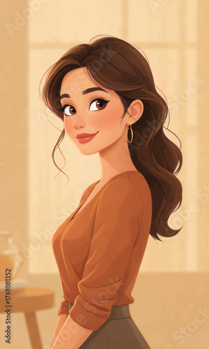 Beautiful woman with brown hair smiling warmly in soft golden light