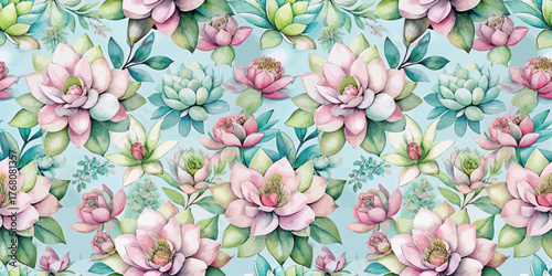 Elegant floral pattern featuring soft pink lotus flowers and green succulents on a light blue background.