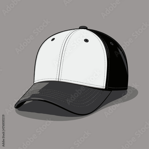 Black and white baseball cap with stitching details, minimalist design, isolated on gray background