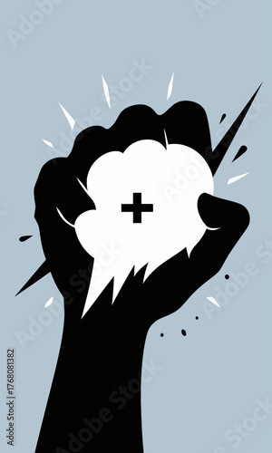 Black fist with white impact symbol, minimalist graphic design, isolated on light blue background