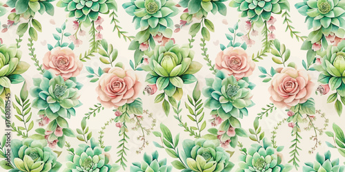 A vibrant, floral pattern featuring pink roses and green succulents beautifully arranged.