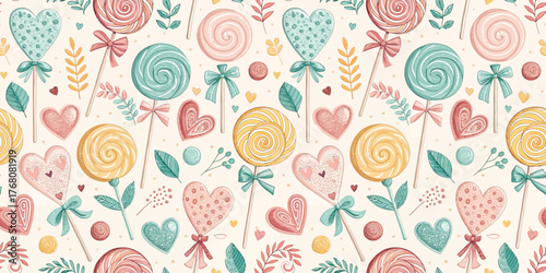 Colorful illustrated pattern featuring lollipops, hearts, and leaves in pastel tones.