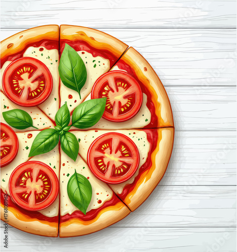 Classic margherita pizza slices with fresh basil and tomato, illustrated on wooden background