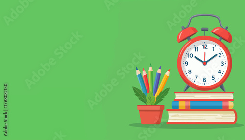 Colorful alarm clock on books with pencils plant, educational study time theme