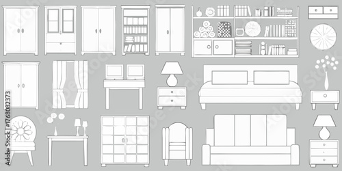 Collection of simple line art furniture and home decor items on a gray background