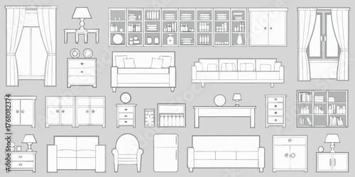 Collection of hand drawn line art furniture and home decor items on a gray background