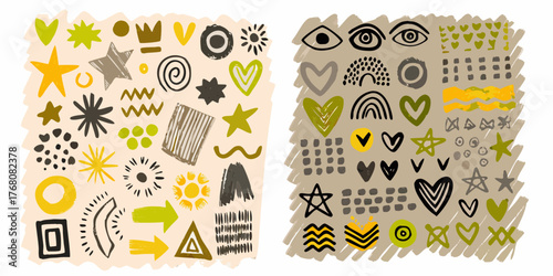 Collection of hand drawn abstract shapes and symbols in earthy tones with yellow accents