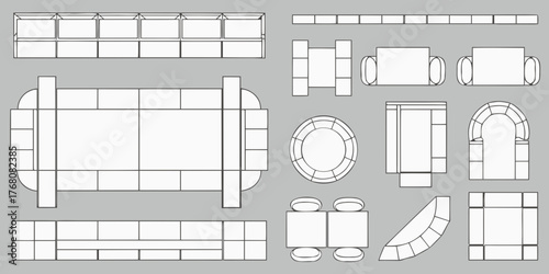 Collection of top down furniture icons and symbols for interior design and space planning