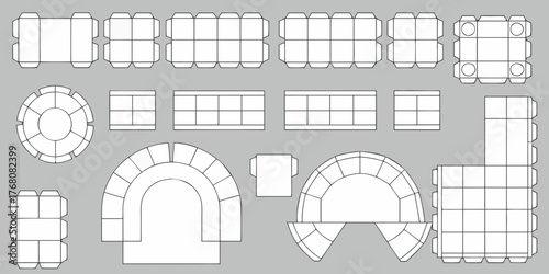Collection of papercraft templates for building geometric shapes and structures on a gray background