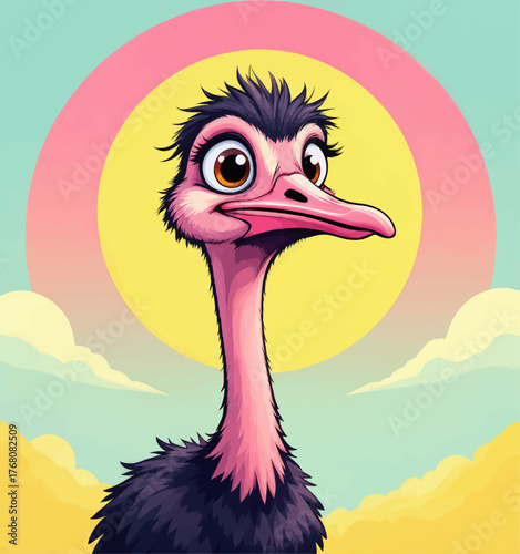 Colorful cartoon ostrich with big eyes against sunset sky background