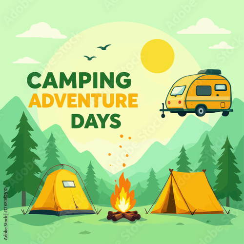 Colorful camping adventure days with tents fire and camper van, flat design